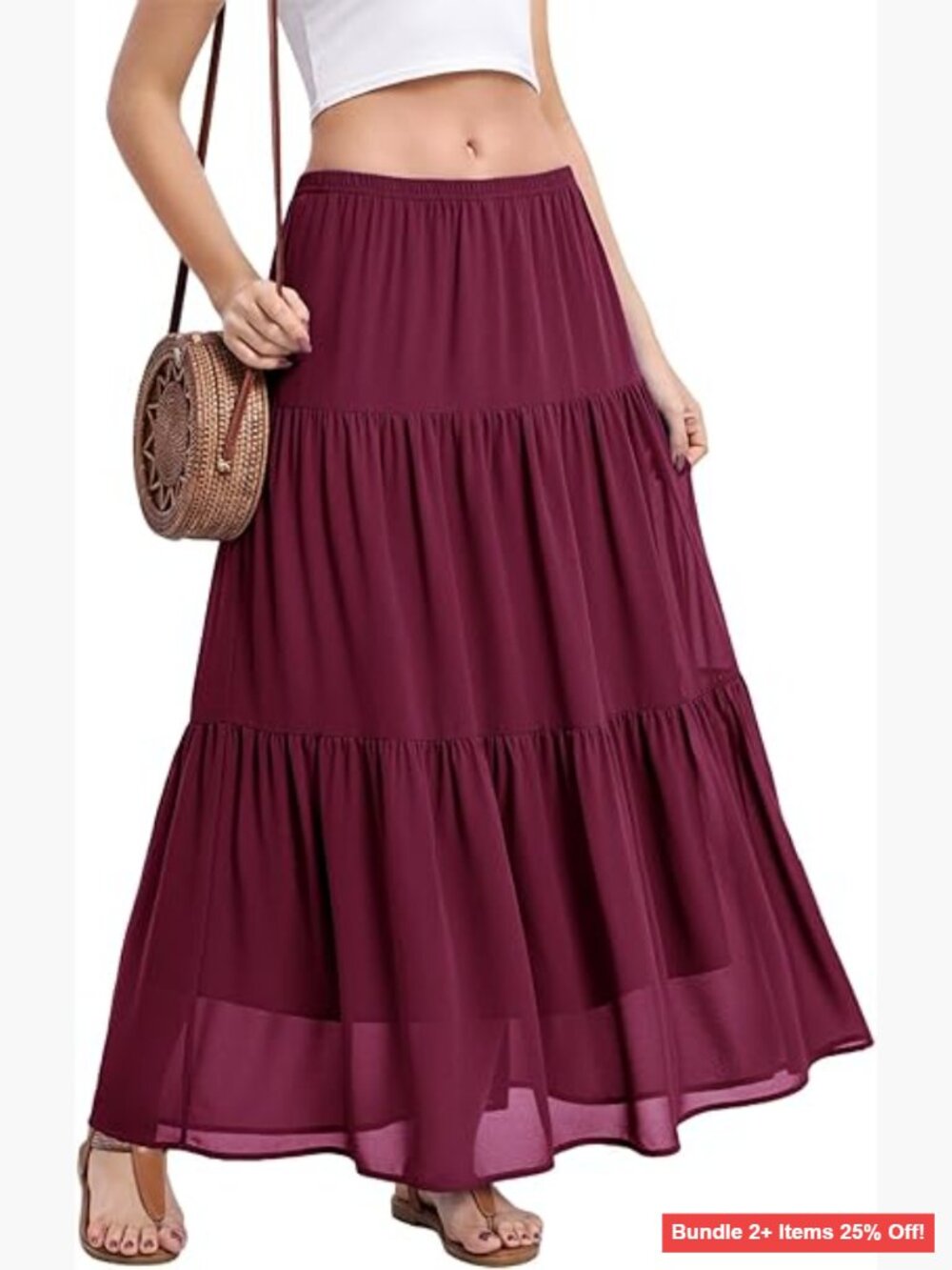 Pleated Chiffon Maxi Skirt High Waist A-Line Flowy Double Layer Casual